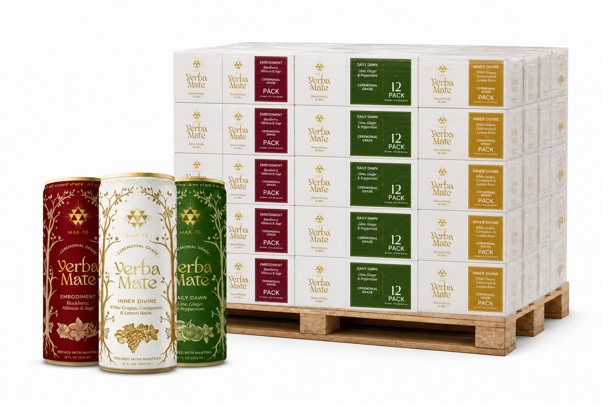 MAATE variety pallet with 100 cases and 1,200 cans balanced across all three flavors.
